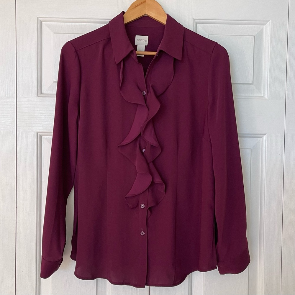Chico's  cranberry blouse with front ruffle. Size 1 (8-10).